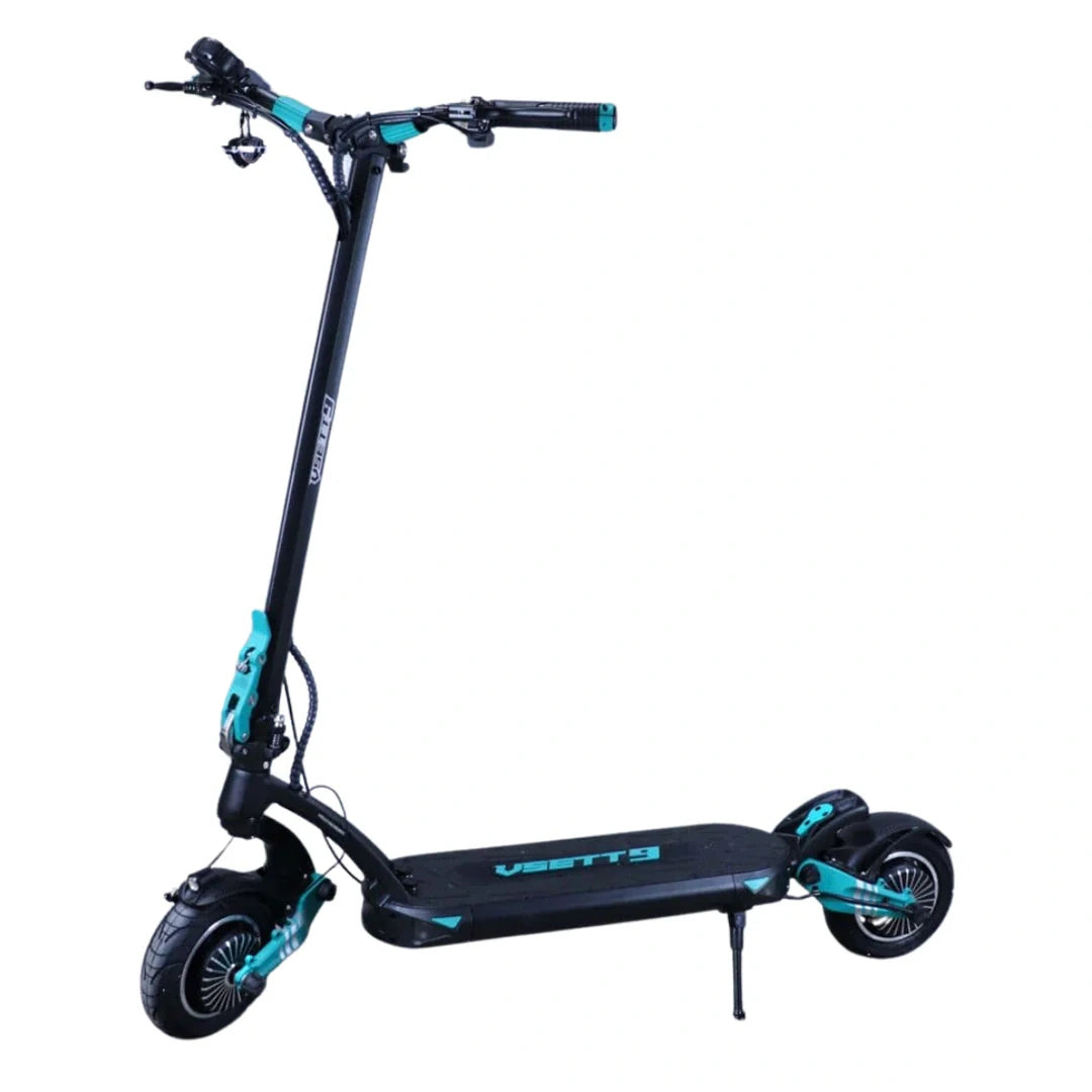 Black and teal electric scooter on a white background