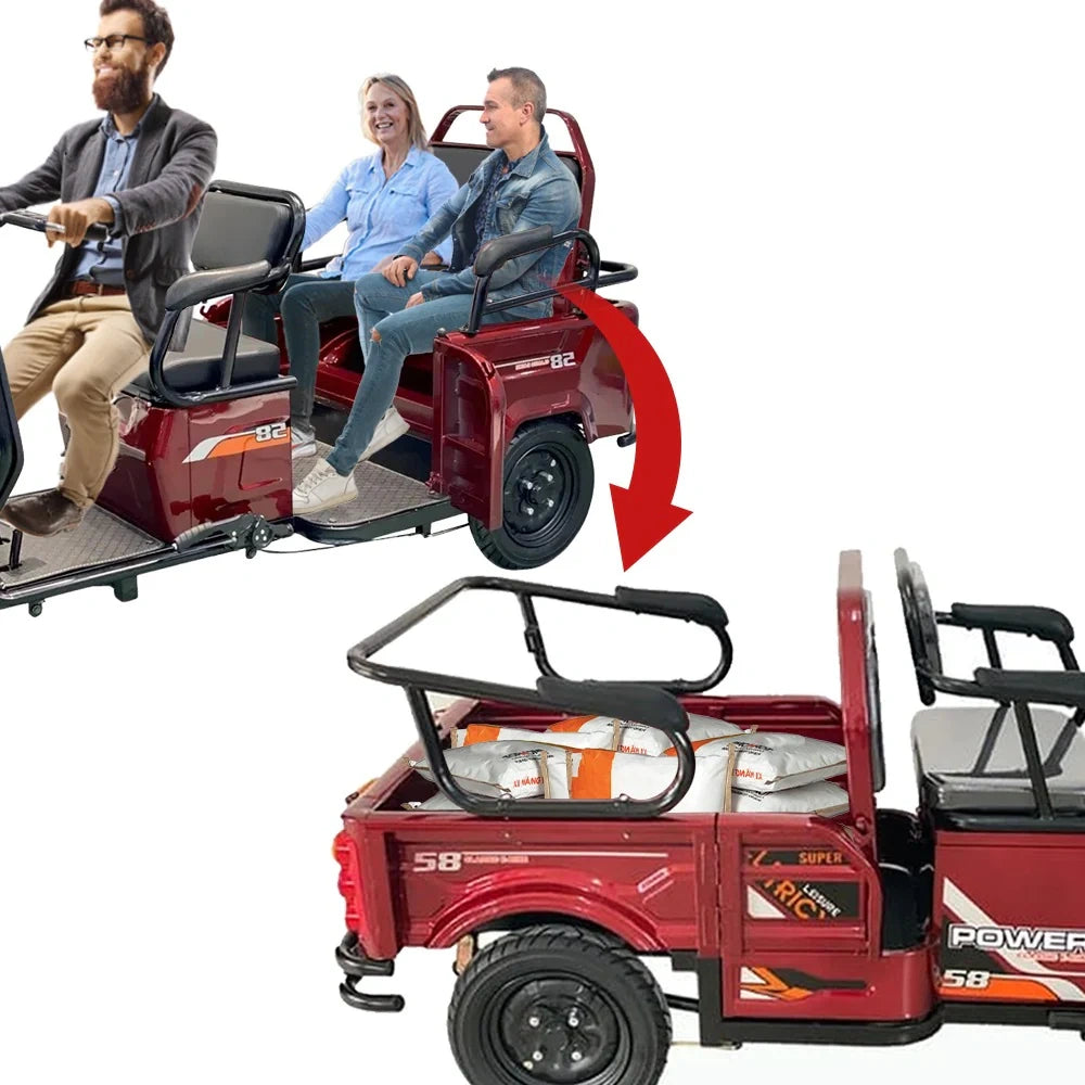 Red utility vehicle with people inside and a close-up of the vehicle's front.