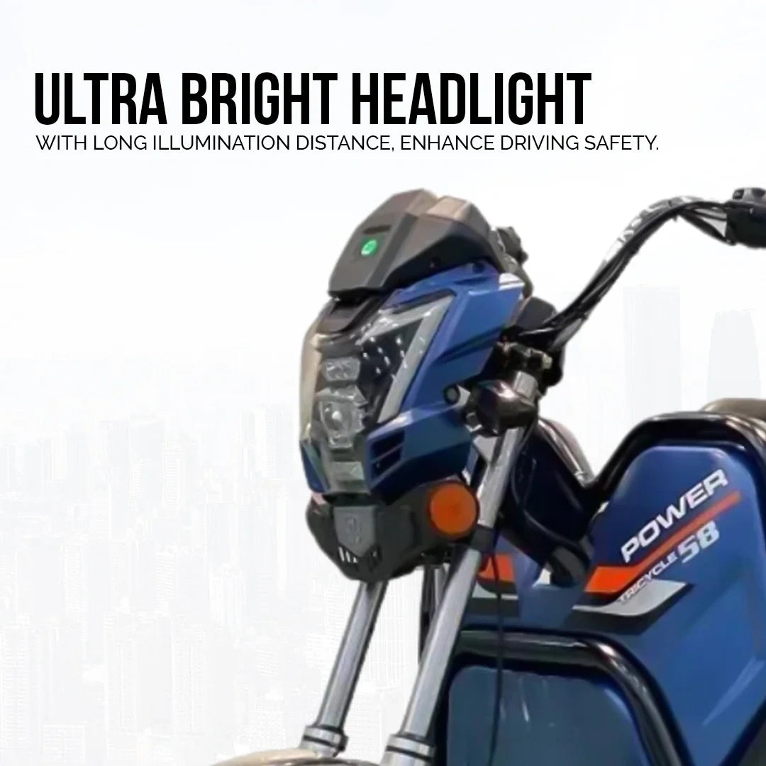 Motorcycle with ultra bright headlight on a white background