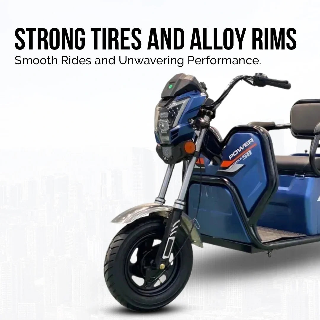 Blue electric scooter with text about strong tires and alloy rims on a white background