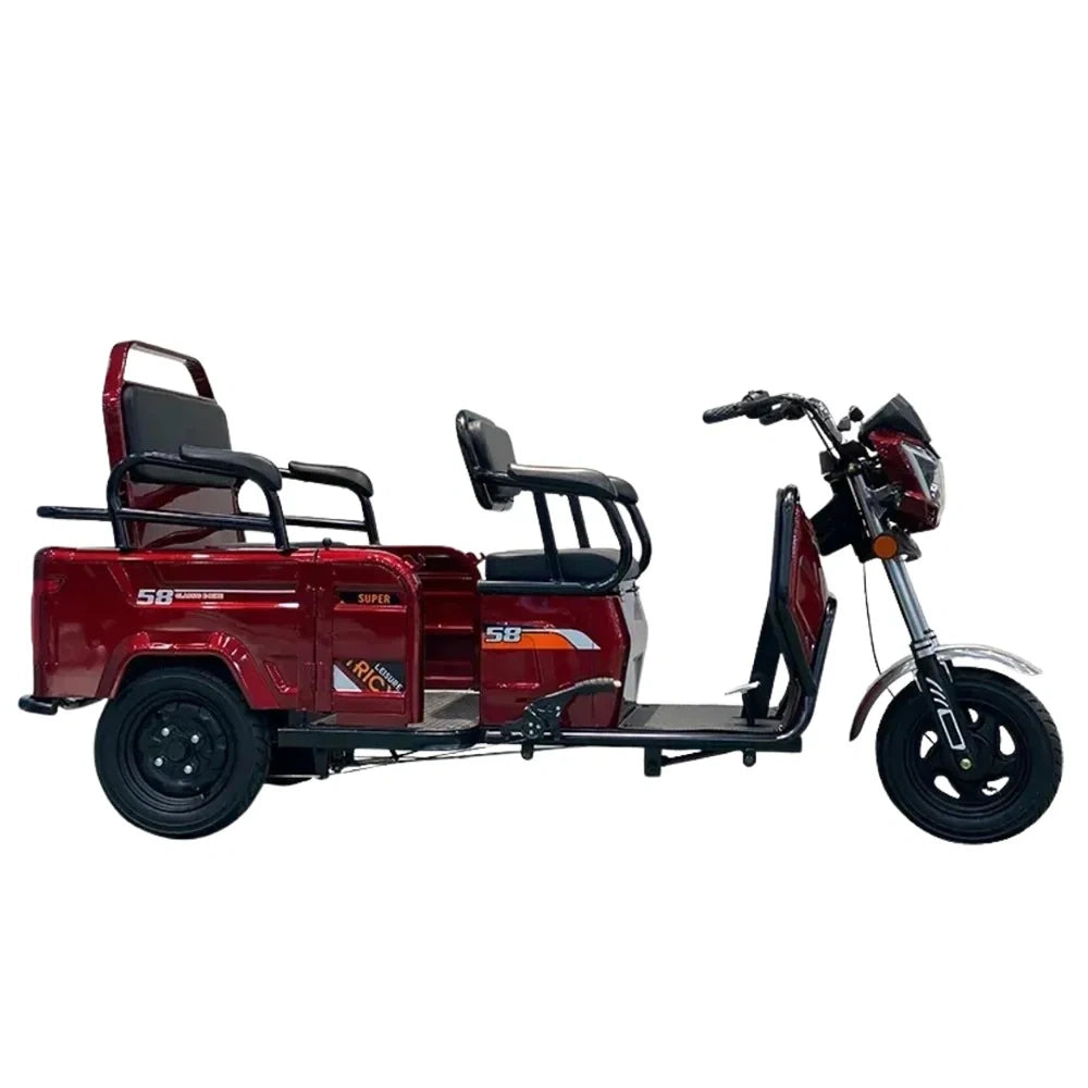 Red electric tricycle with two seats on a white background