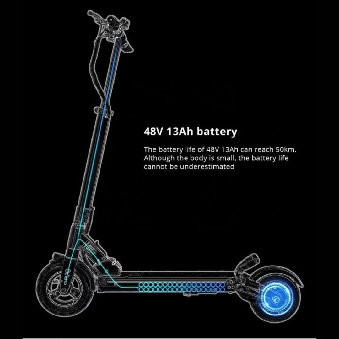 Electric scooter with 48V 13Ah battery information on a black background