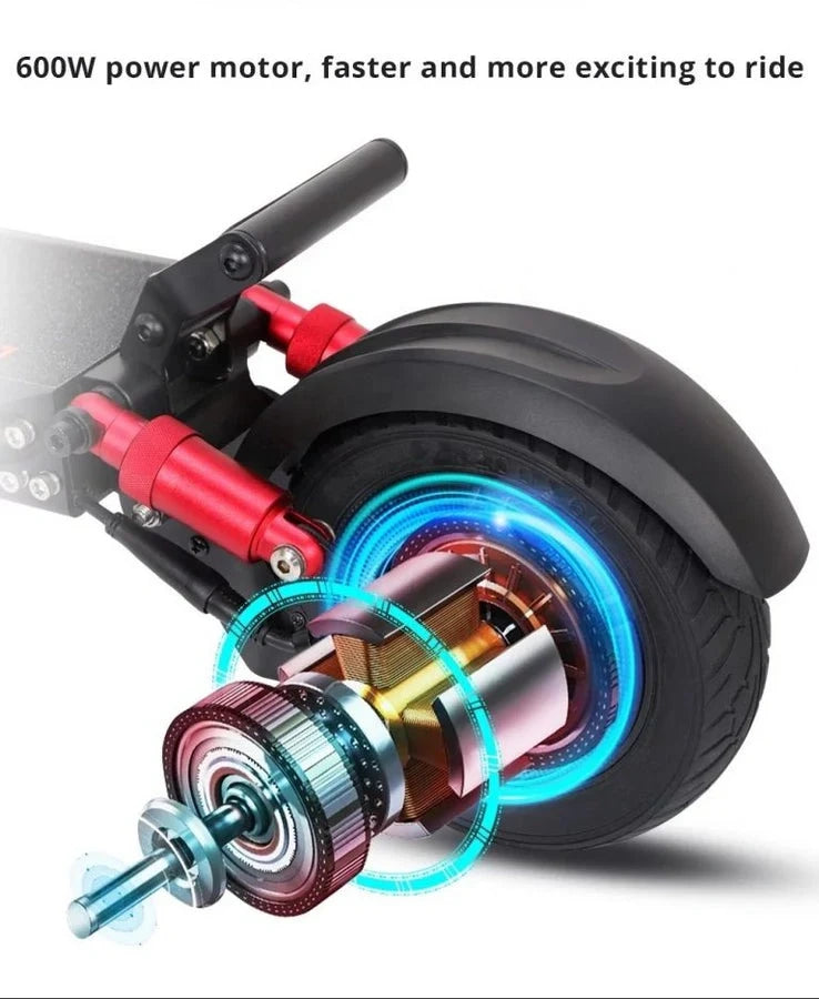 Close-up of an electric scooter's wheel with a 600W power motor, highlighting its design and features.