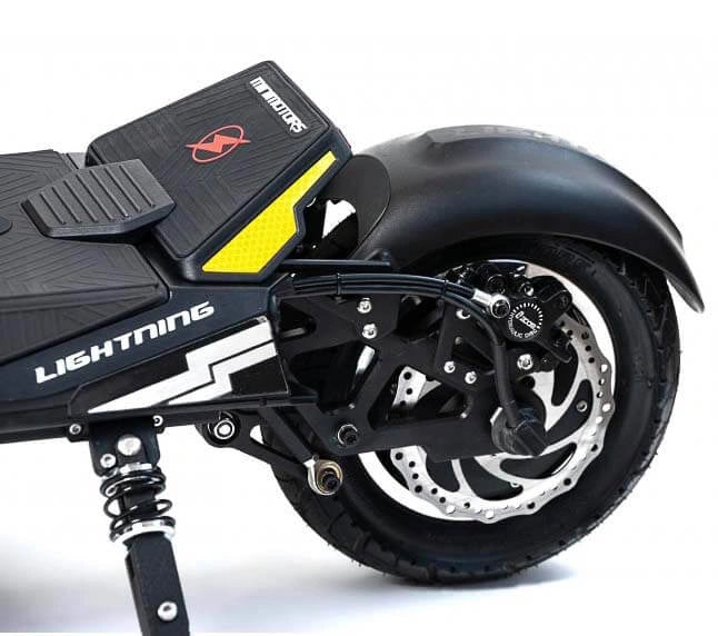 Close-up of a black electric scooter with 'Lightning' branding on a white background