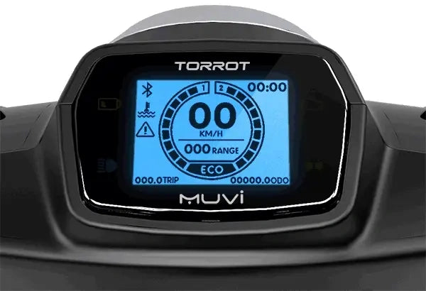 Digital display of a Torrot scooter with 'MUVI' branding on a black background