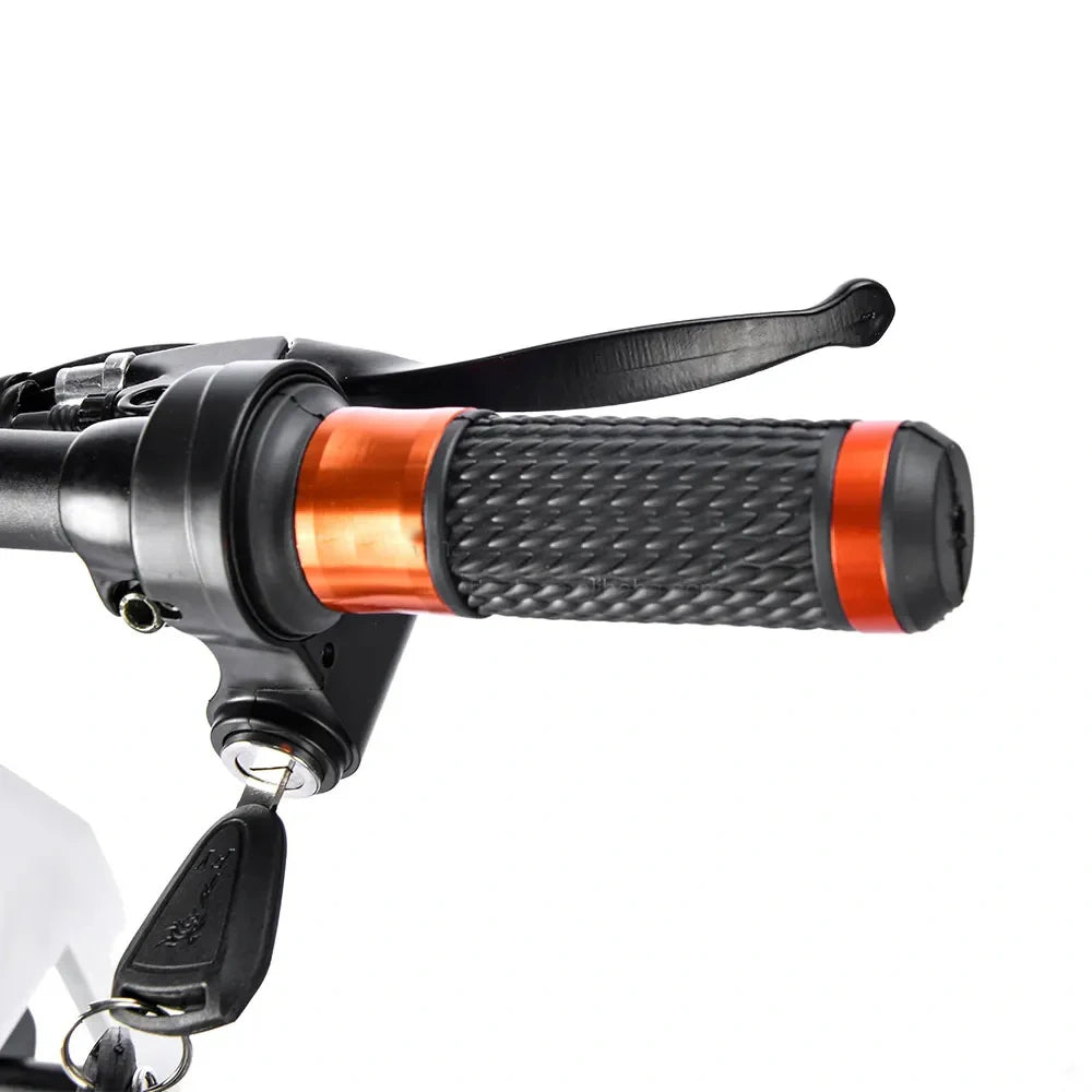 Close-up of a motorcycle handlebar with orange accents on a white background