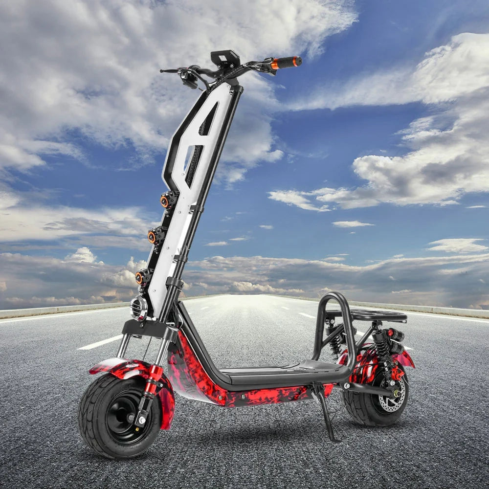 Electric scooter on a road with a cloudy sky background