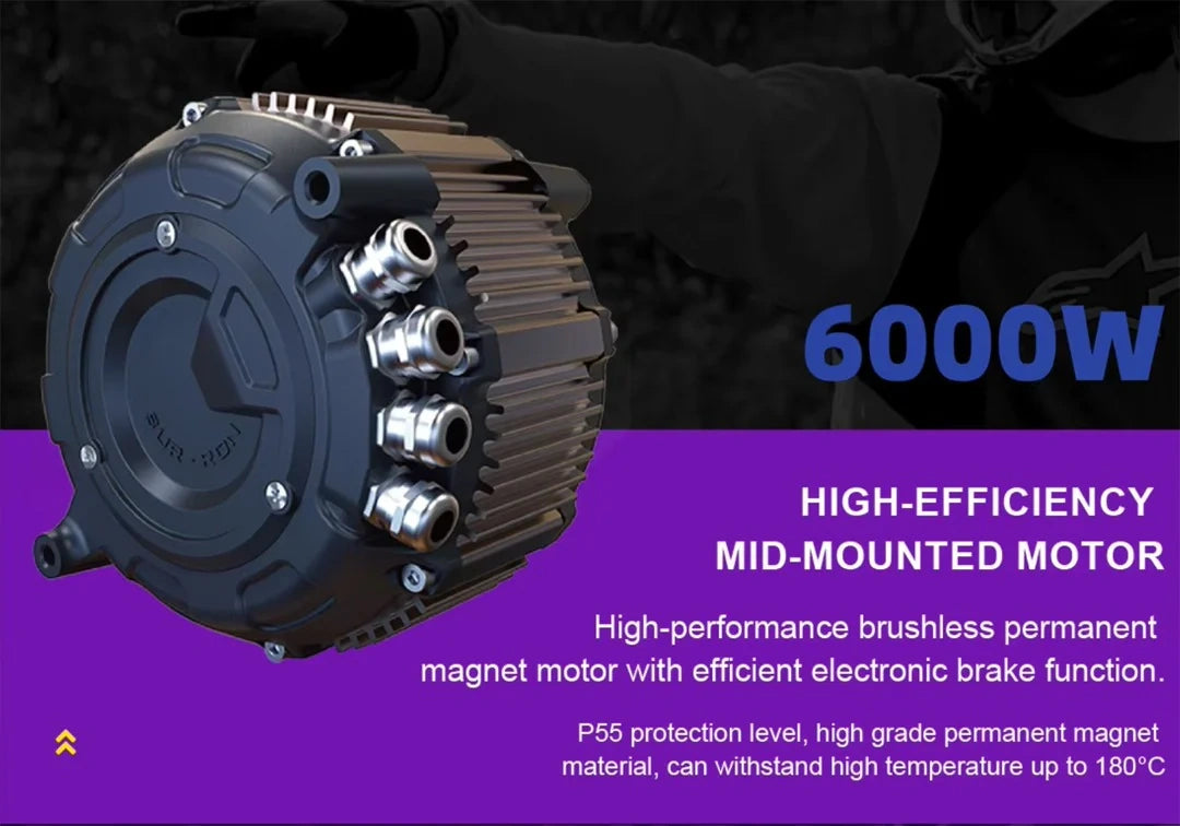 High-efficiency mid-mounted motor with specifications on a purple background