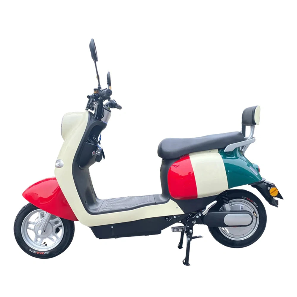 Colorful scooter with a red, white, and green design on a white background