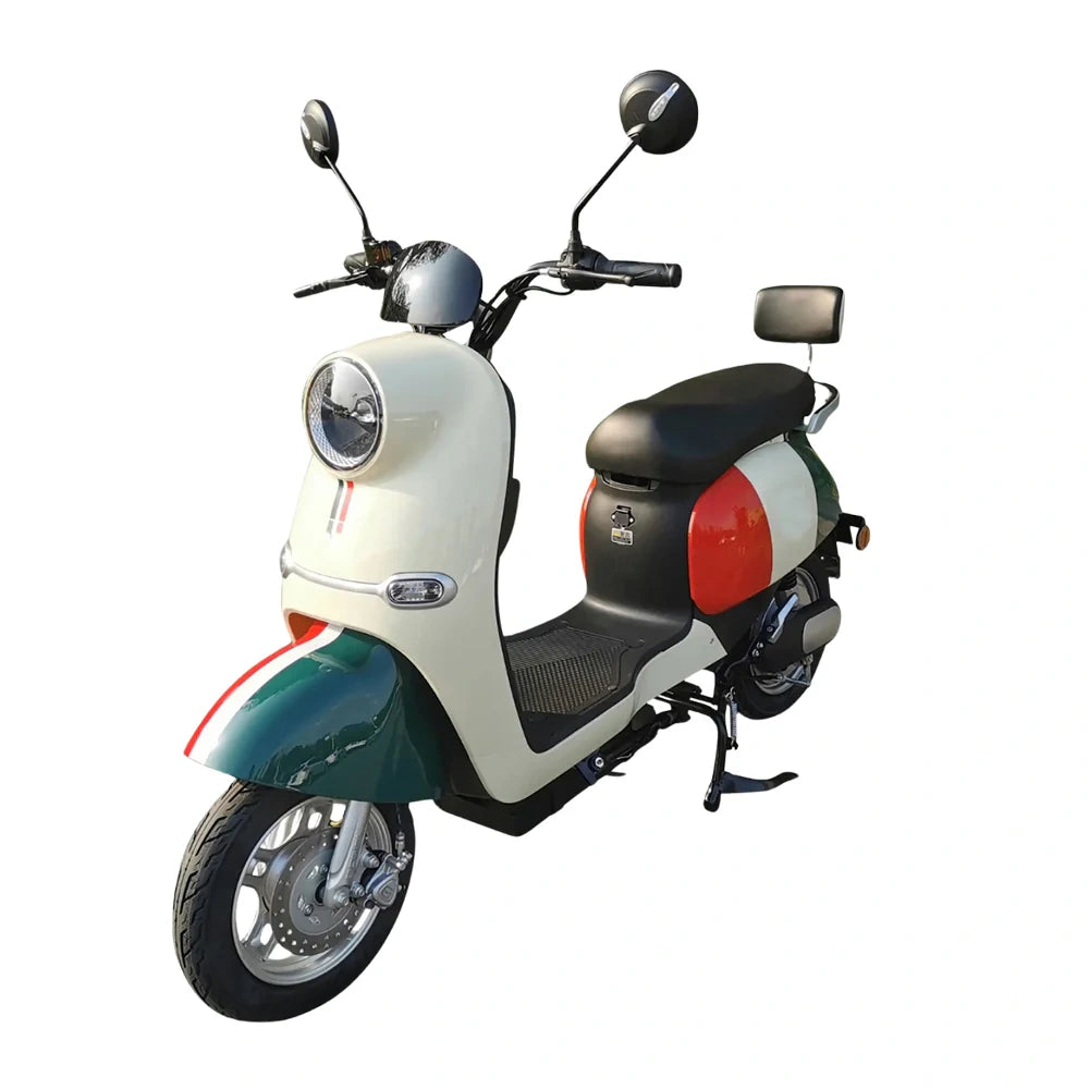 Scooter with a white, black, and red color scheme on a white background