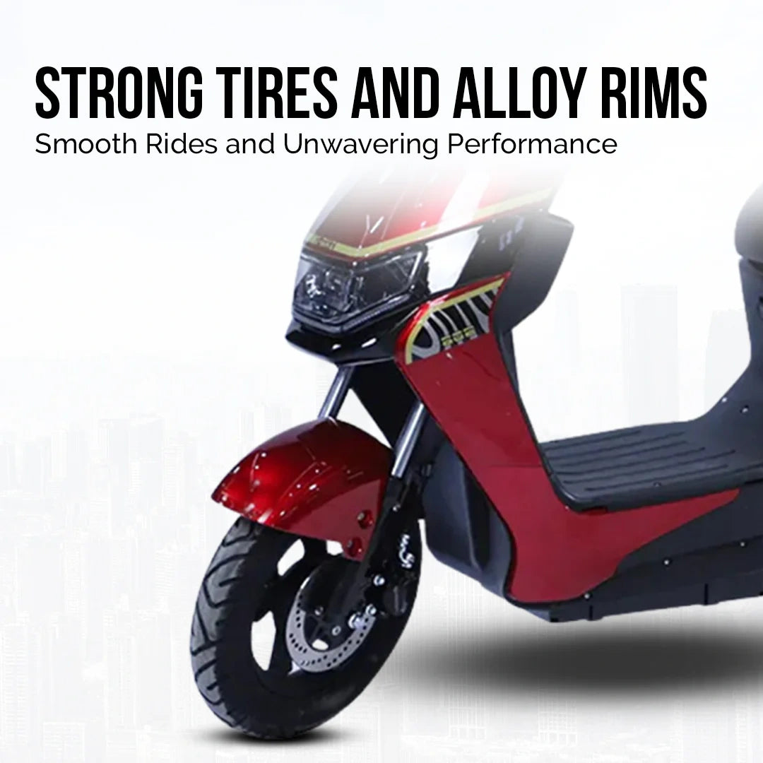 Red scooter with alloy rims and strong tires on a white background