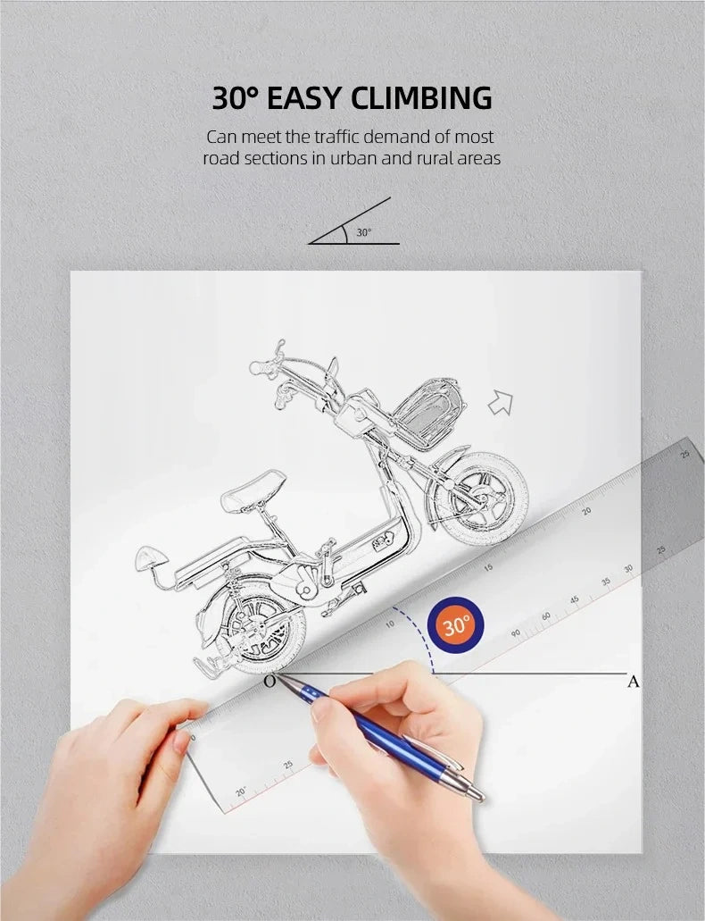 Person drawing a bicycle with a ruler on paper, featuring text about easy climbing.