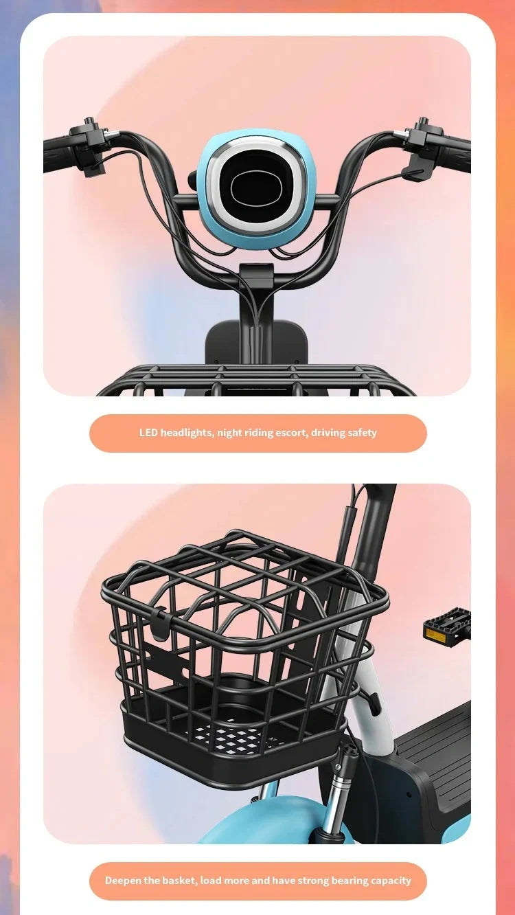 Bicycle basket with LED headlights and night riding lamps on a gradient background