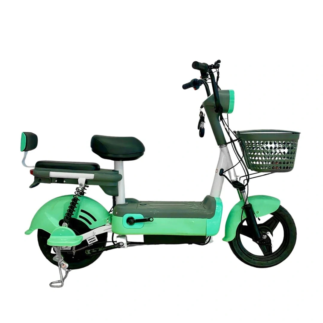 Green electric scooter with a basket on a white background