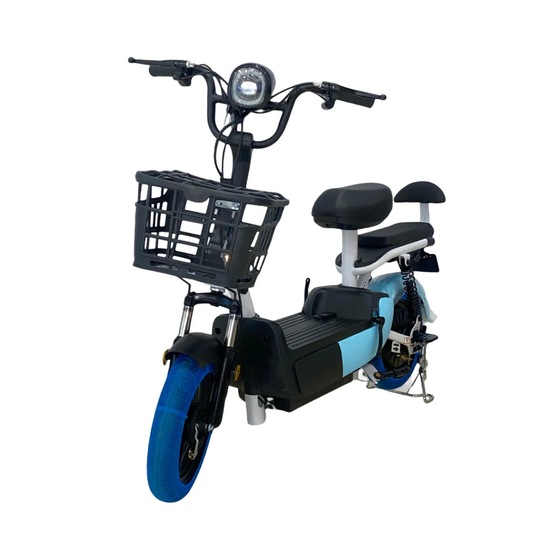 Electric scooter with blue wheels on a white background