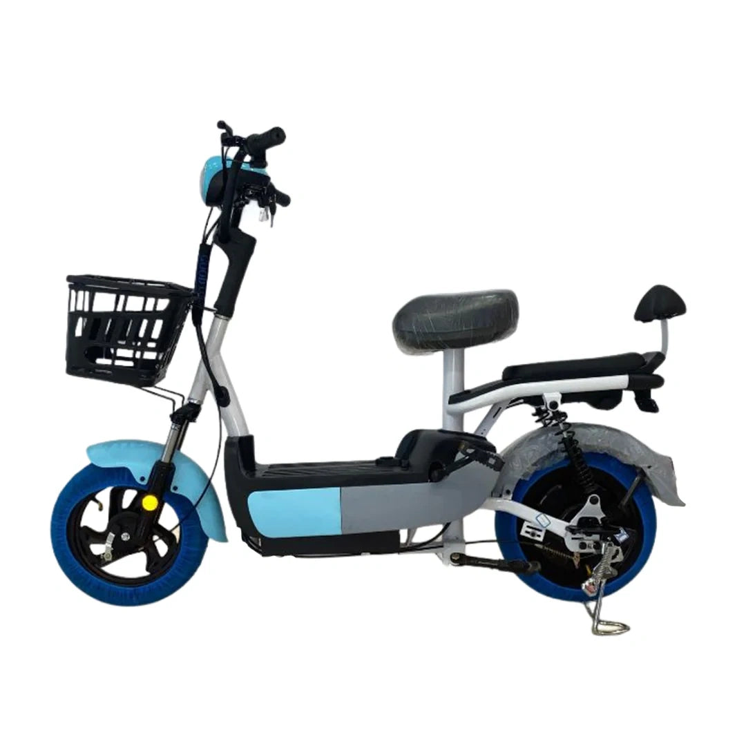 Electric scooter with blue and black design on a white background