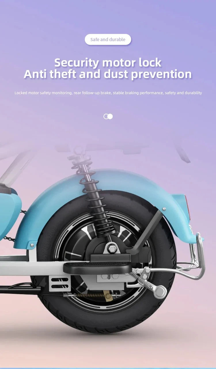 Motor scooter with security motor lock on a light purple background