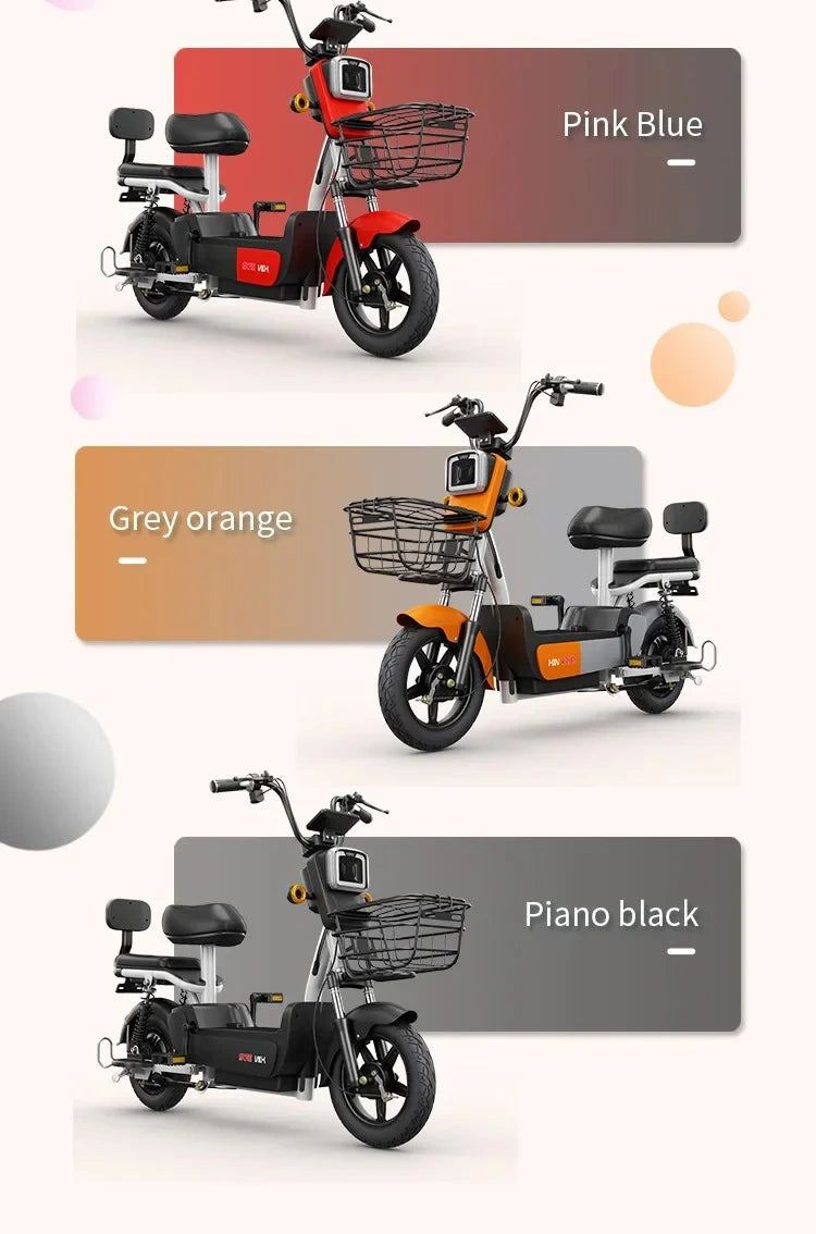 Three electric bicycles shown in pink blue, gray orange, and piano black with color swatches below.
