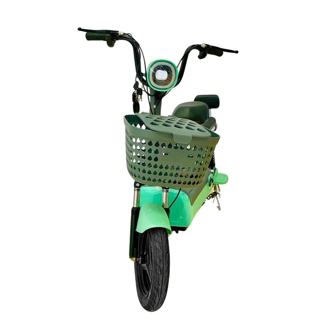 Green electric scooter with a basket on a white background