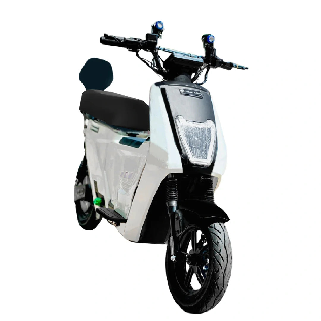 White electric scooter with black accents on a white background