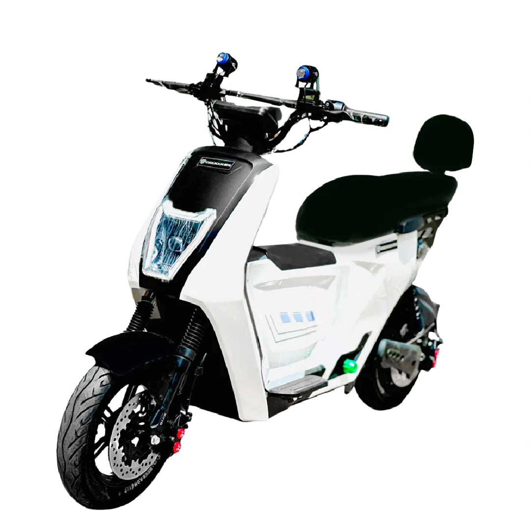 White electric scooter with black seat on a white background