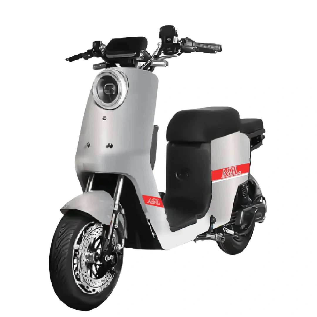 White electric scooter with black seat on a white background