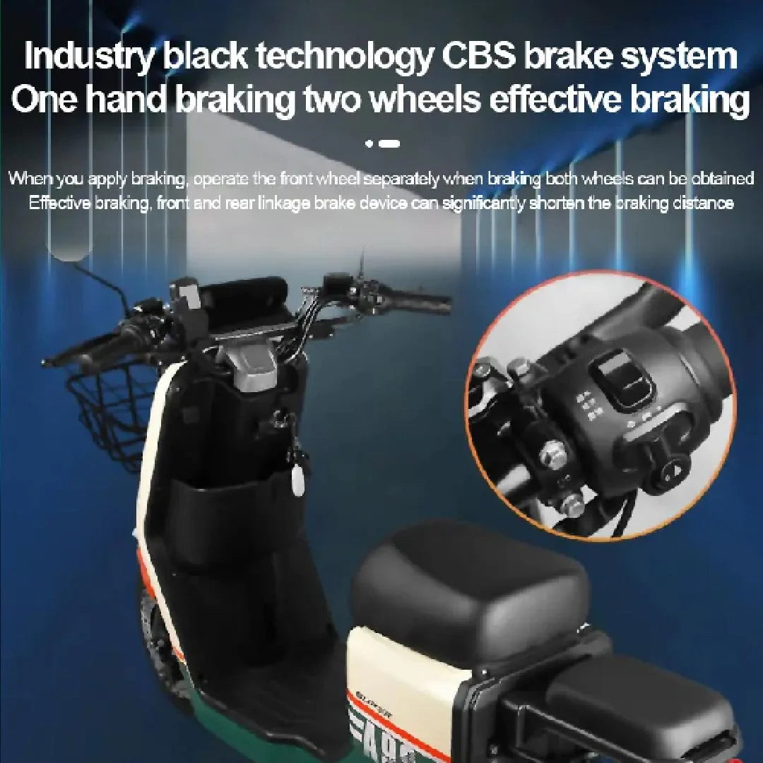 Motorcycle with CBS brake system highlighted on a blue background