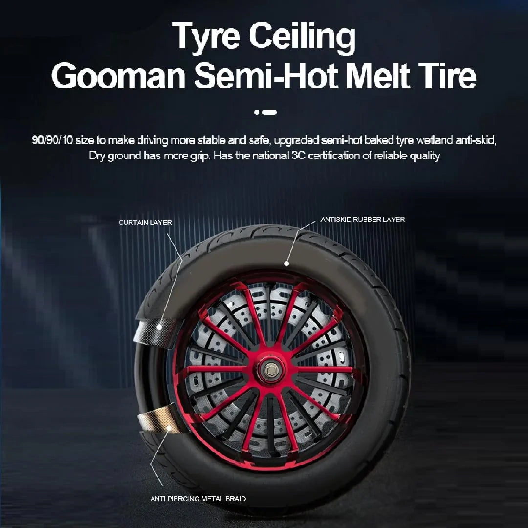 Gooman semi-hot melt tire with red rim on a dark background