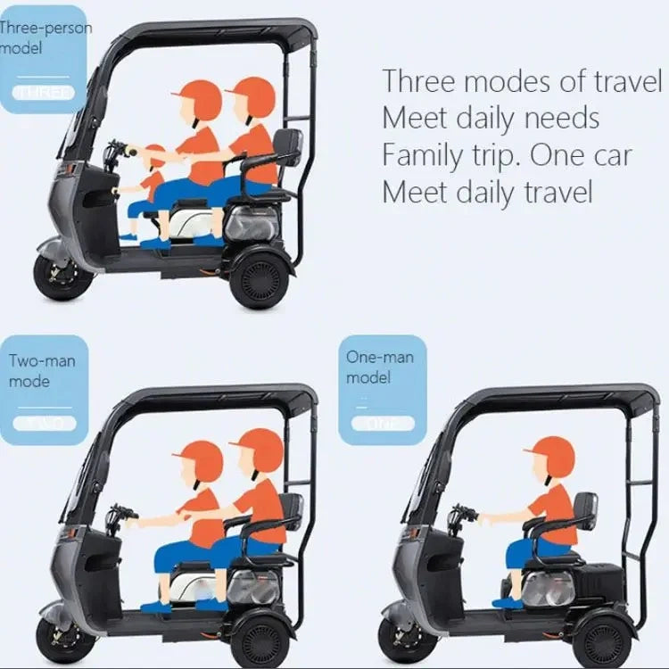 Electric vehicle with three modes of travel shown on a white background