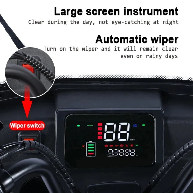 Car dashboard with digital display and wiper control system, featuring text on screen clarity and wiper functionality.