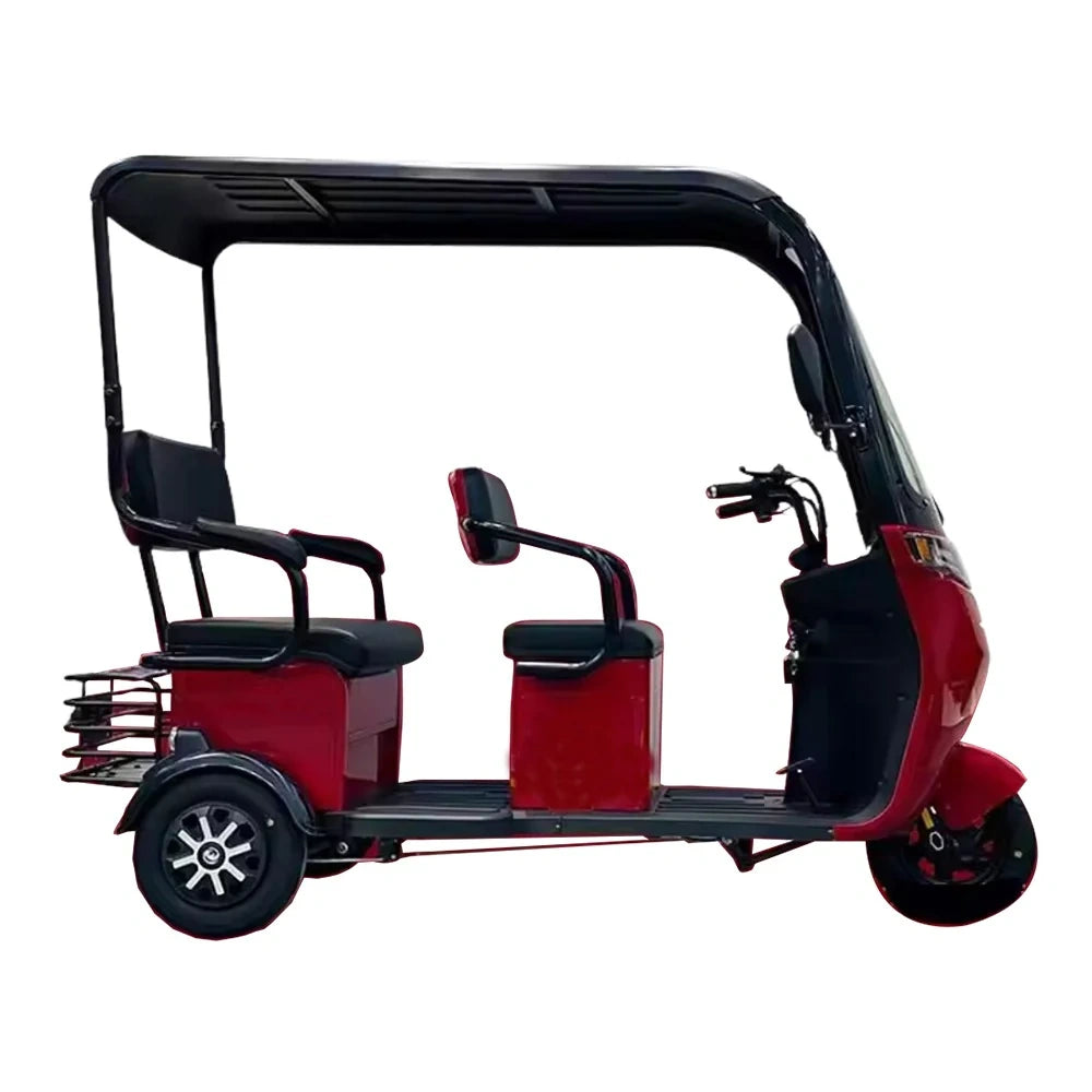 Red and black three-wheeled electric vehicle on a white background