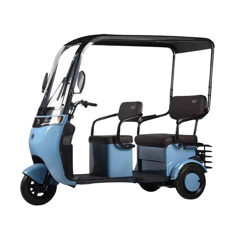 Blue three-wheeled vehicle with black seats on a white background