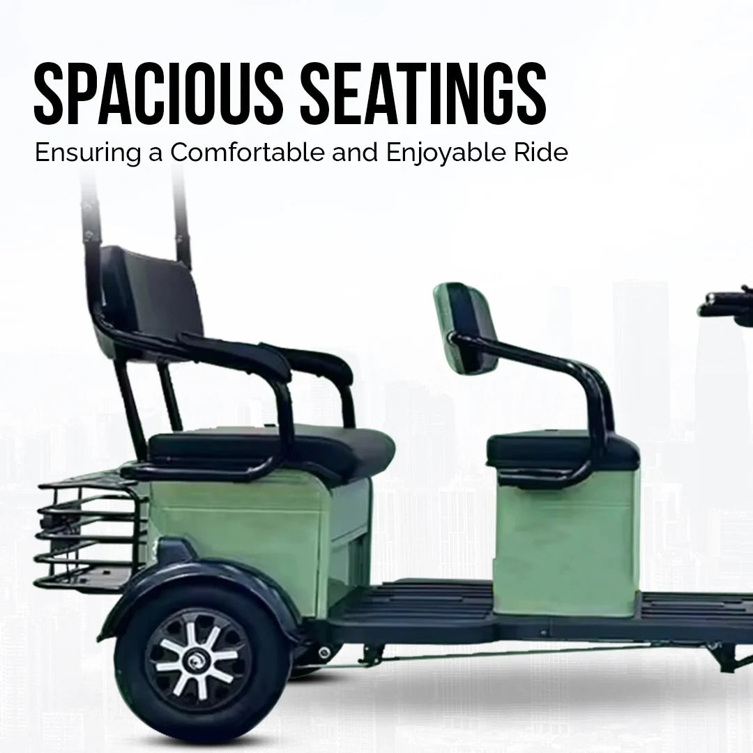 Two-seater green electric vehicle with spacious seating on a white background