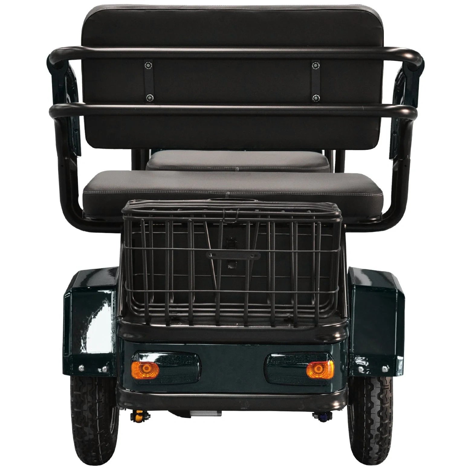 Black three-wheeled vehicle with a seat and basket on a white background