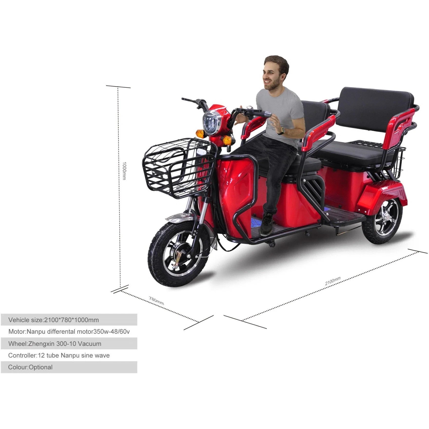 Red electric tricycle with a man sitting on it, shown with dimensions on a white background.