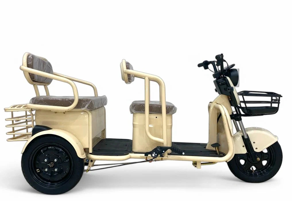 Beige three-wheeled electric vehicle with seating on a white background