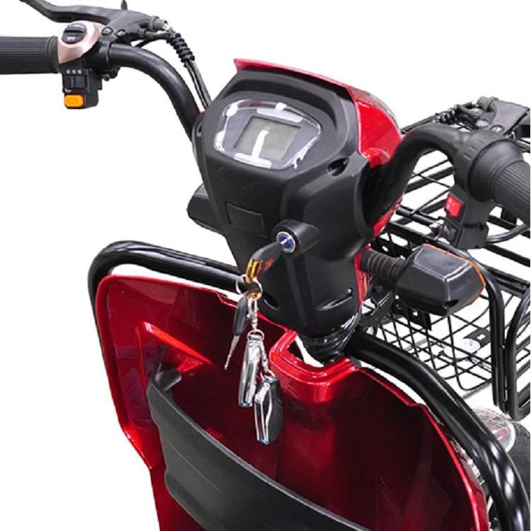 Close-up of a red scooter with keychain attached to the handlebar