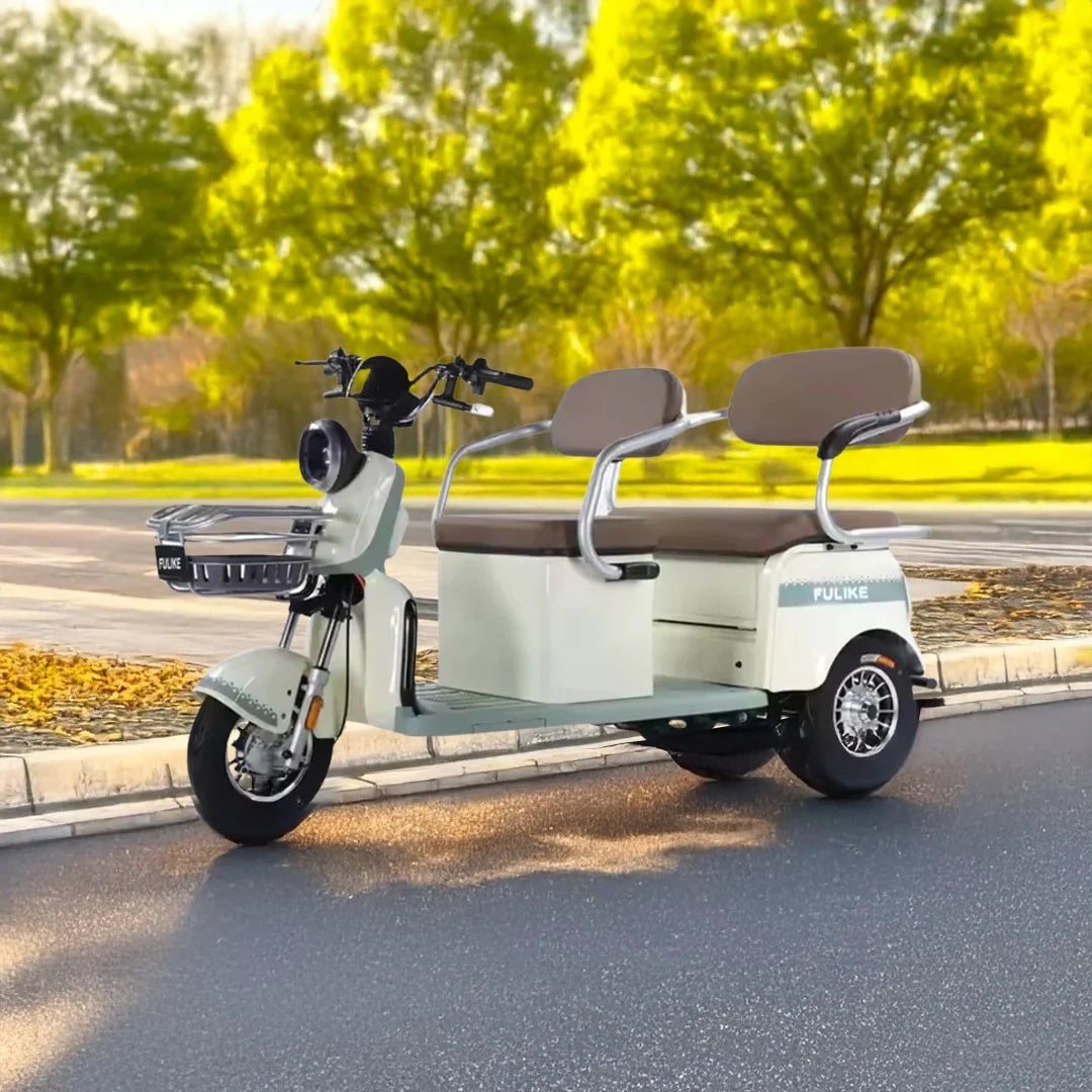 Electric scooter with a passenger seat on a road with trees in the background