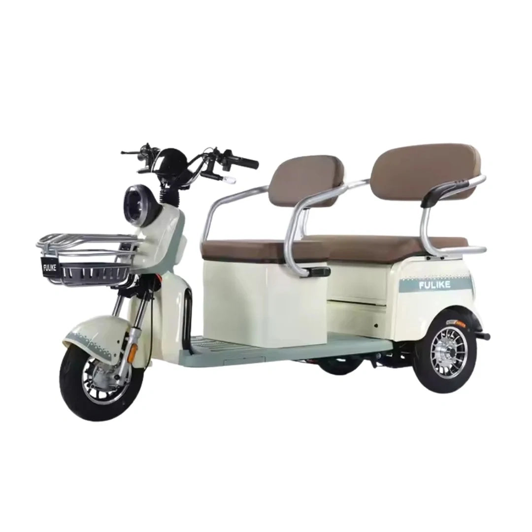 Three-wheeled electric scooter with a seat on a white background
