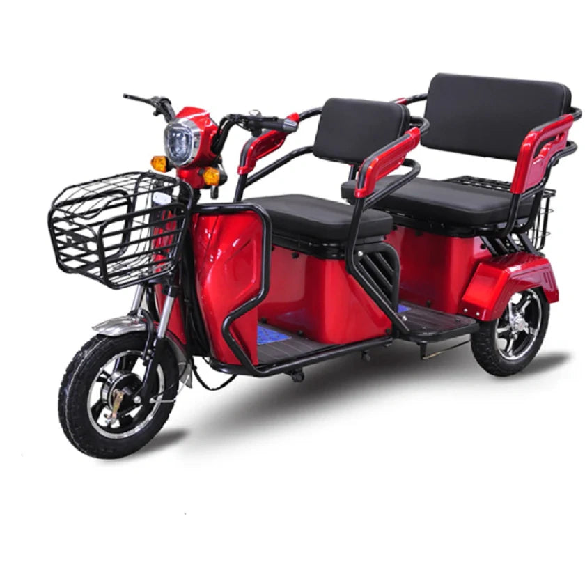 Red electric tricycle with black seats on a white background