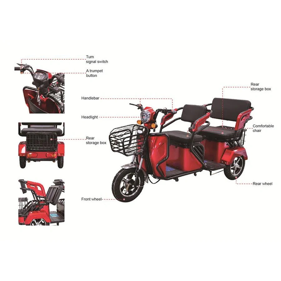Red electric tricycle with labeled parts on a white background