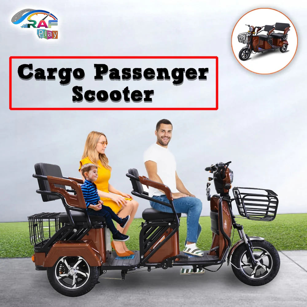 Cargo passenger scooter with family on a gray background