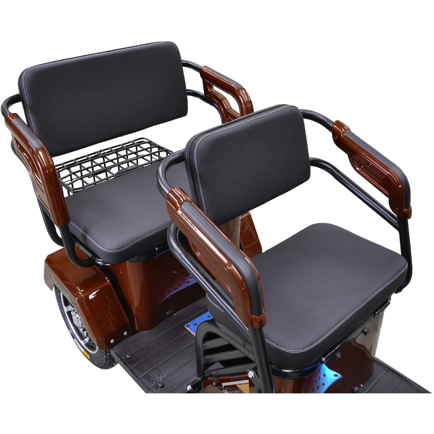 Two-seater electric vehicle with brown frame and black seats on a white background