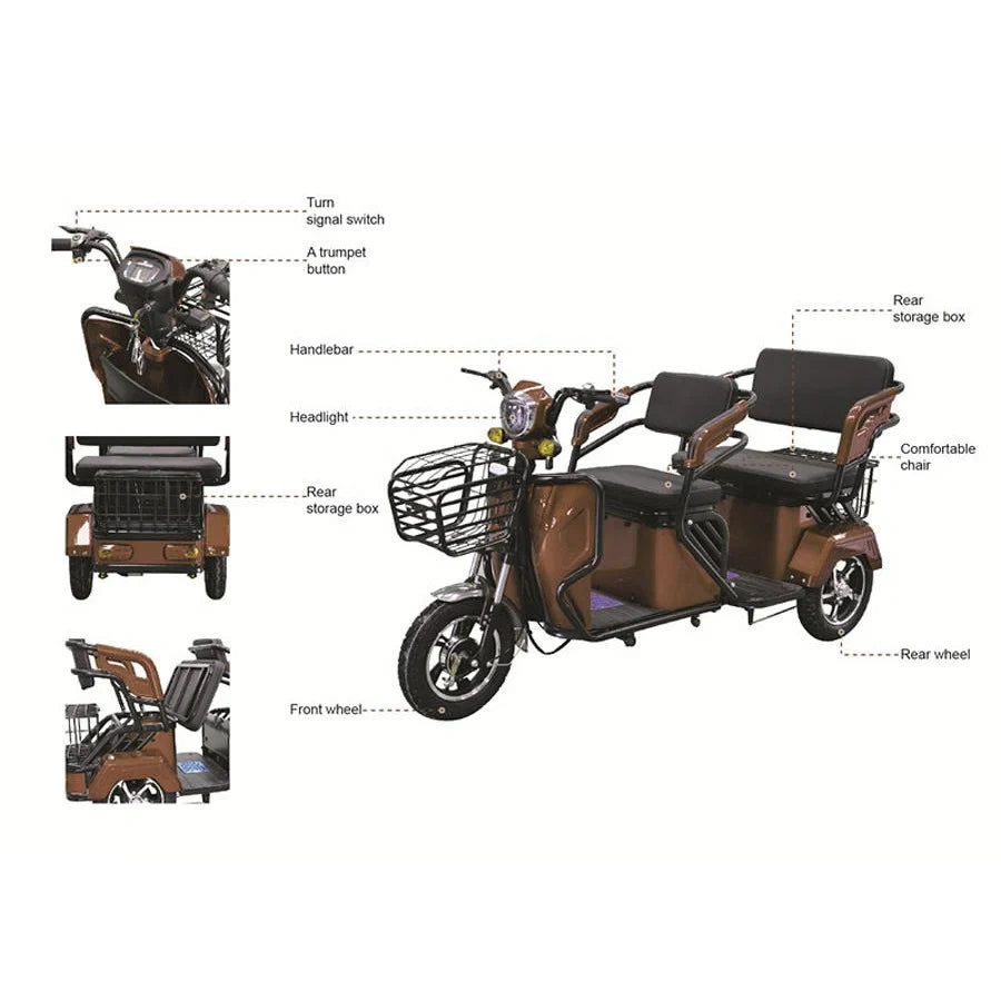 Brown electric tricycle with labeled parts on a white background