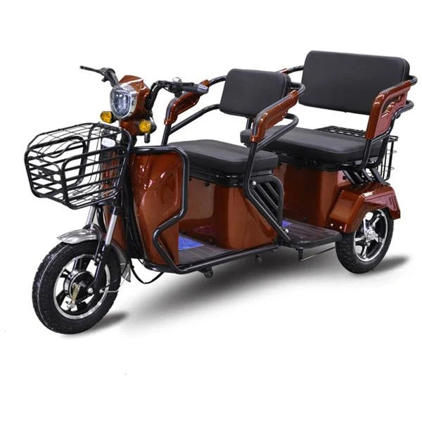 Brown electric tricycle with two seats and a basket on a white background