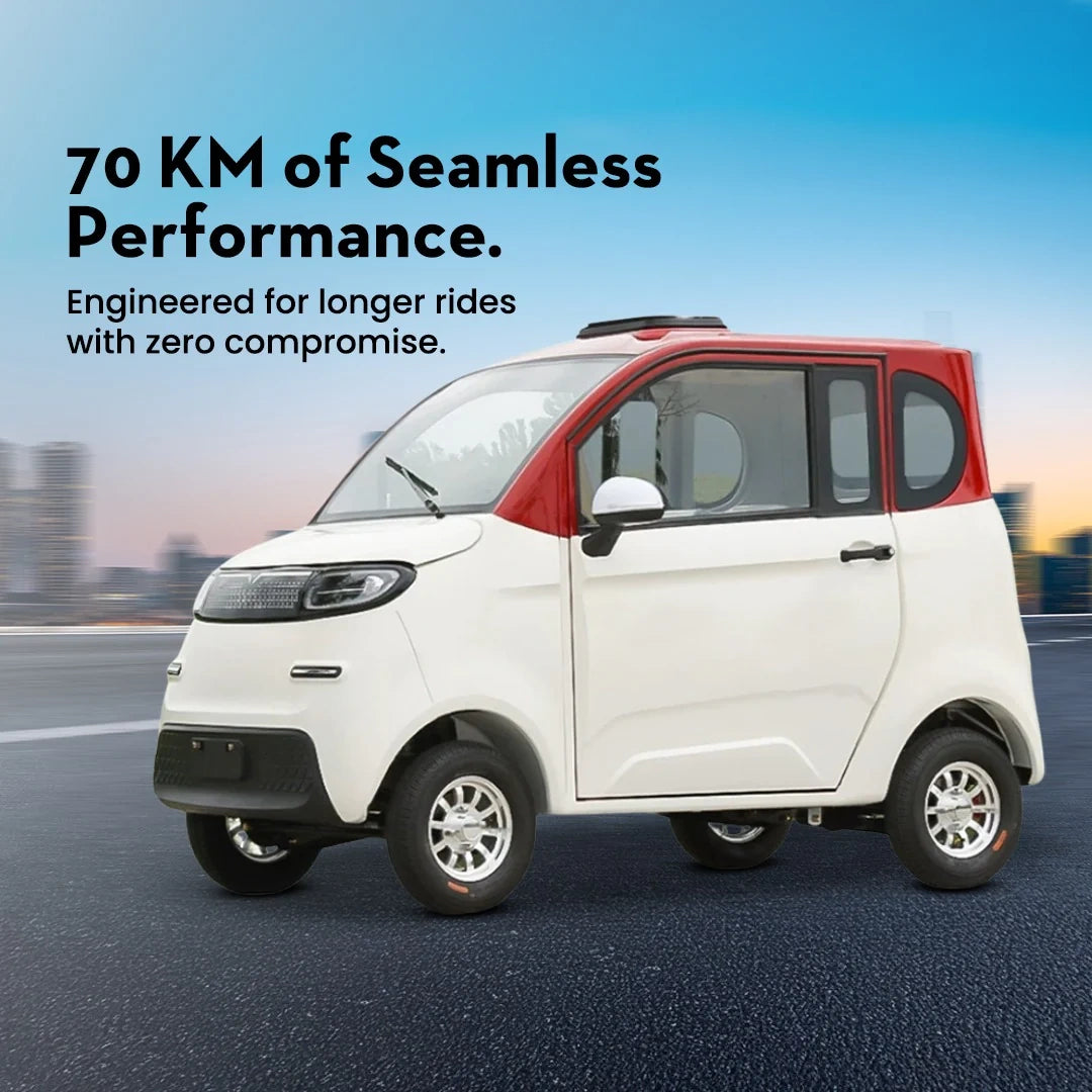 Small electric vehicle on a road with promotional text about performance and engineering.