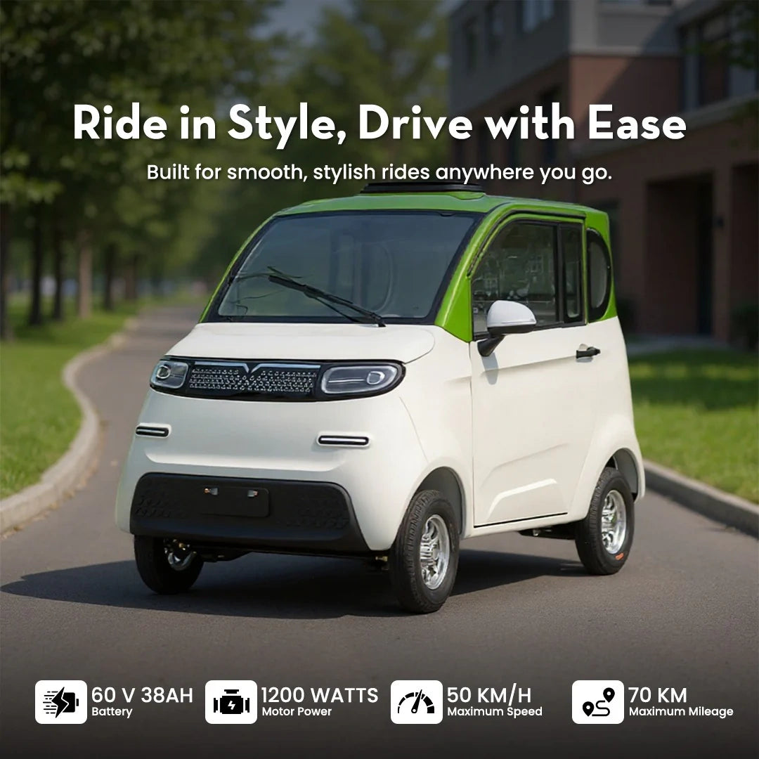 Small electric vehicle on a road with promotional text and specifications.