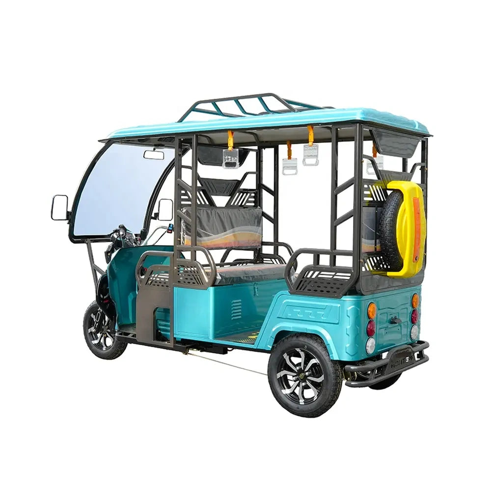 Blue electric rickshaw with a canopy on a white background