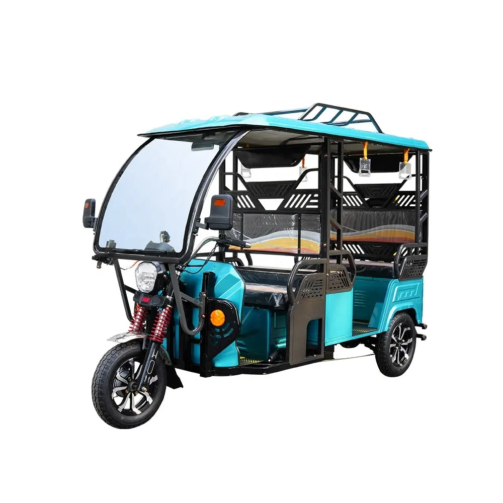 Blue electric rickshaw on a white background