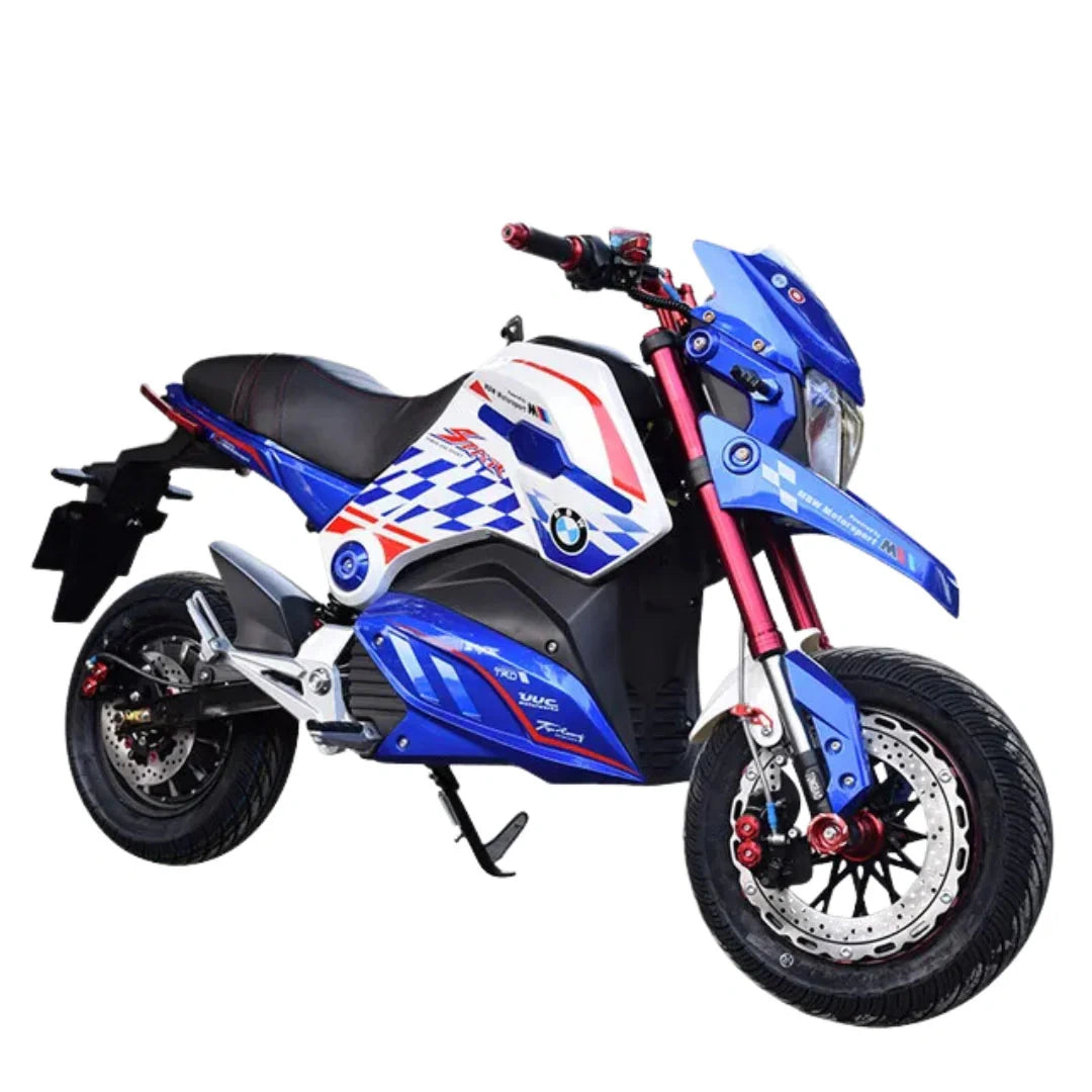 Children's motorcycle with blue and white design on a white background